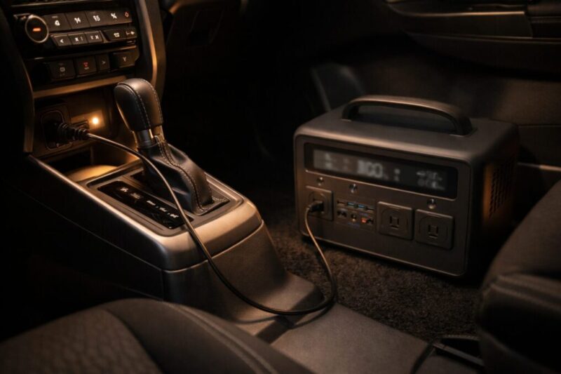 車内のシガーソケットからポータブル電源へ充電しているイメージ