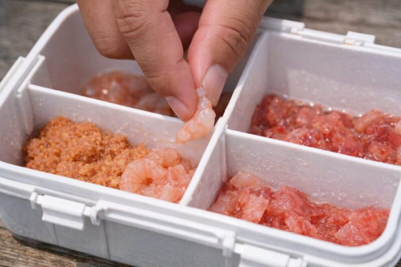 仕切り付き餌入れに複数のエサを分けて入れた使いやすい配置