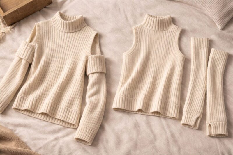 一体型に見えるニットトップスと、別アームウォーマーを組み合わせたセットを並べて比較した写真