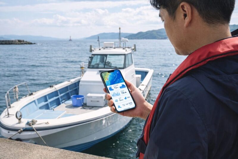 出船前に海況を確認する船釣りの準備風景