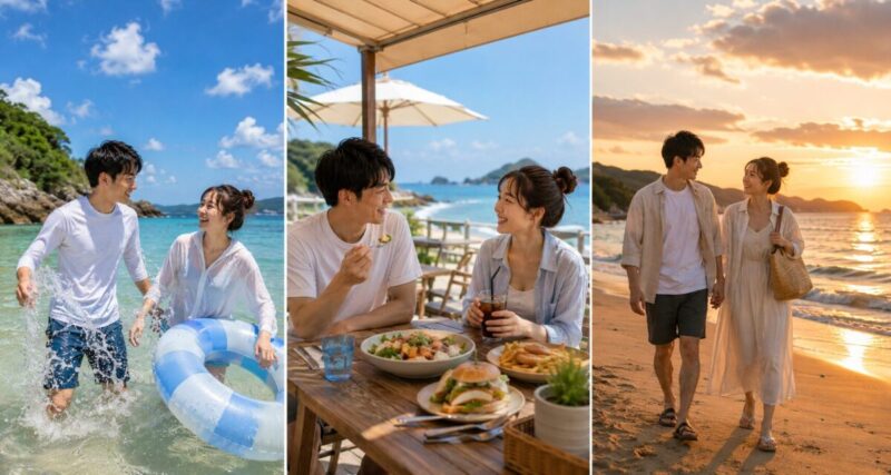 午前の海遊びから昼のカフェ休憩と夕方の散歩まで楽しむカップルの一日プラン