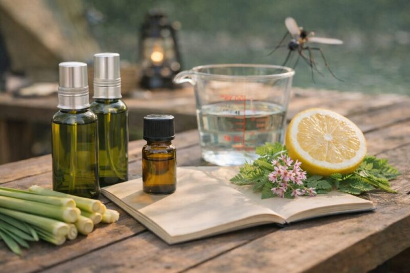 木製テーブルに虫よけスプレーの材料と道具が並んでいる様子