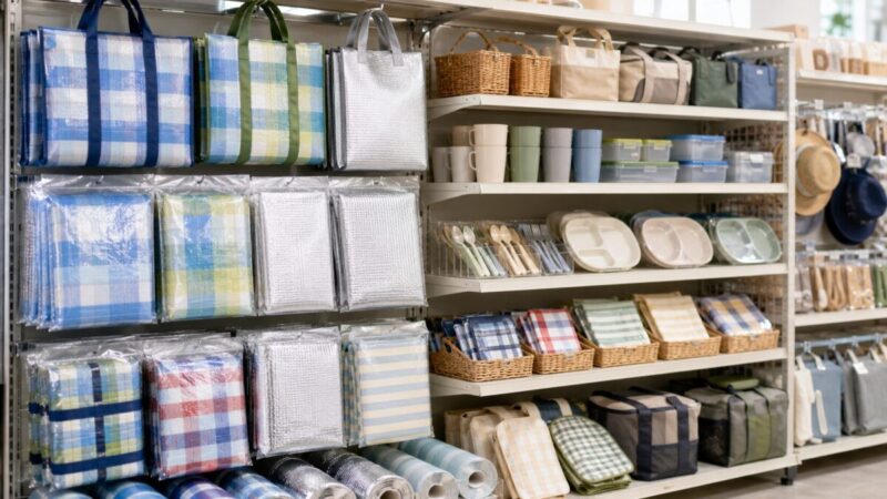 店頭の棚にレジャーシートやピクニック用品が並び、行楽グッズ売り場の雰囲気が伝わるイメージ