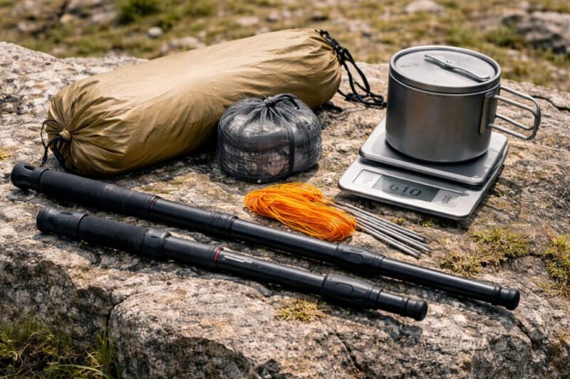 軽量キャンプ装備とトレッキングポール周辺アイテムをまとめて並べた様子