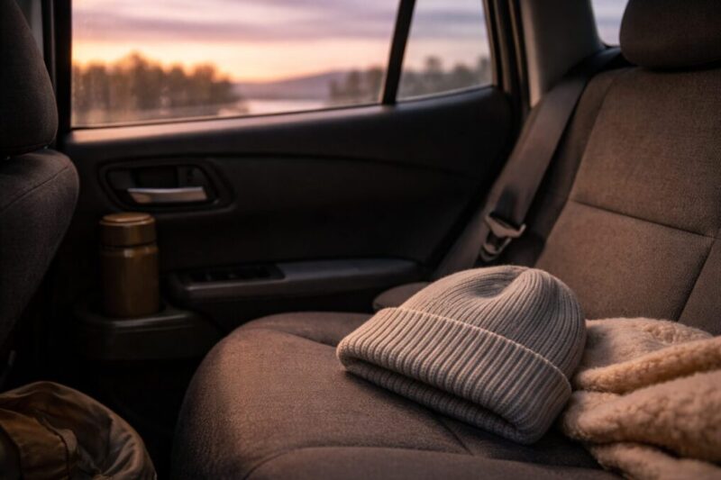 車中泊の朝にニット帽を使うシーンを想像できる写真