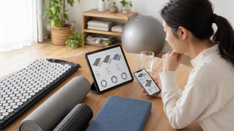 通販ページで指圧マットやセルフケア用品のサイズ、レビュー、比較情報を確認している様子。