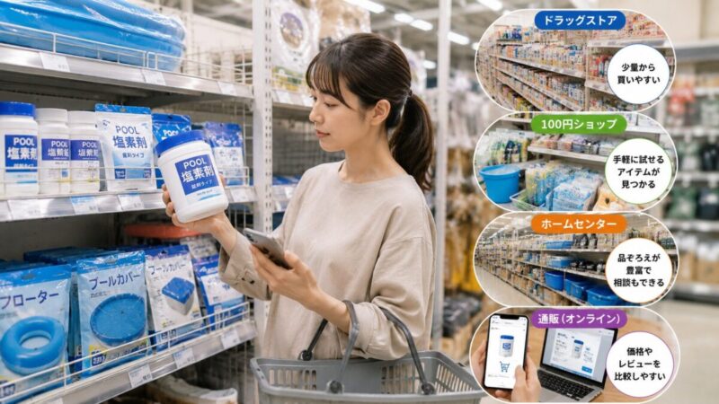 ホームセンターで家庭用プール塩素剤を確認し、ドラッグストアや100円ショップ、通販との違いを比較する様子