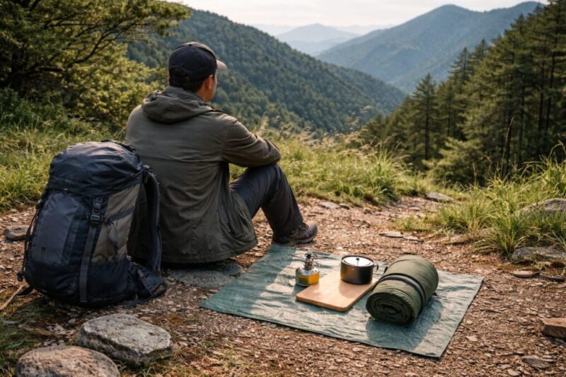 山道の休憩中に、バックパック横で最小限の道具を広げて置き場を作っている様子