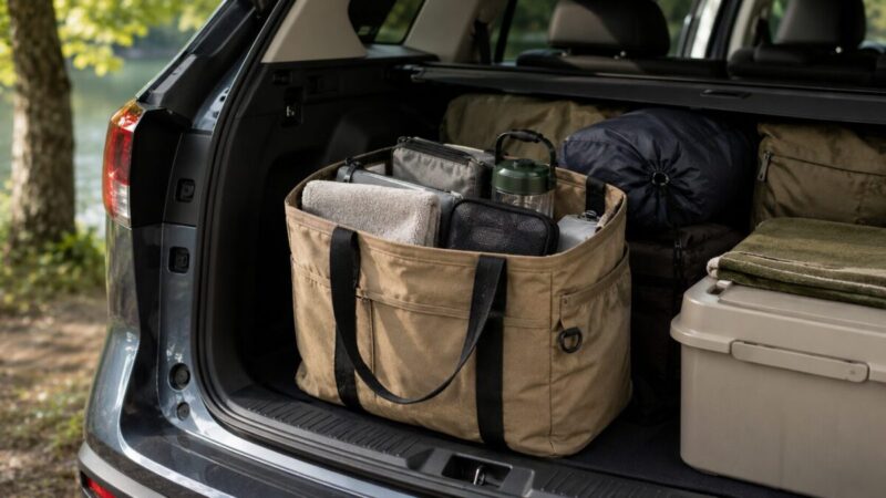 リュックをトートバッグ風にリメイクして車中泊の荷物整理に使う様子