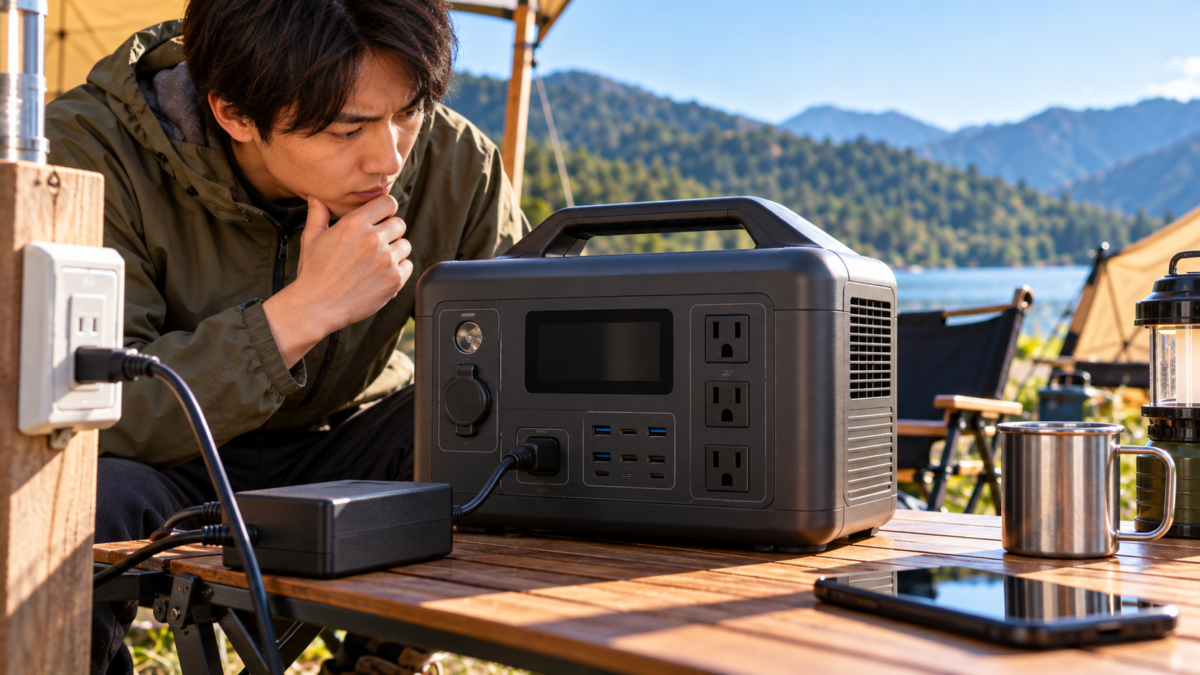 キャンプ場で充電しても液晶画面が点灯しないポータブル電源を確認する男性