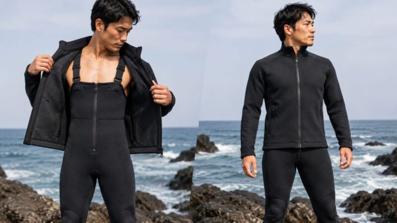 前開きウェットジャケットと胸まで覆うハイウエストパンツを重ねた着用例