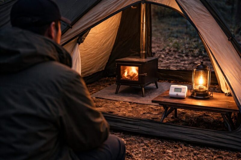 テント前室で薪ストーブを使い、換気を確保しながらCO警報器とランタンを置いて安全に配慮している様子