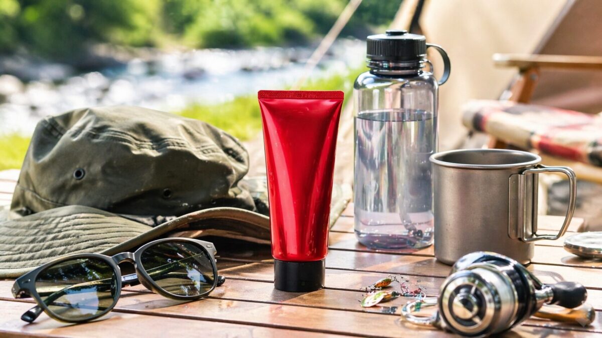 赤い日焼け止め風チューブとアウトドア小物を並べたキャンプ向けUV対策イメージ