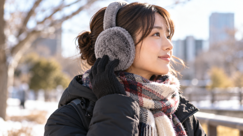 冬の屋外でグレーの耳当てを着用し、手で位置を調整している女性
