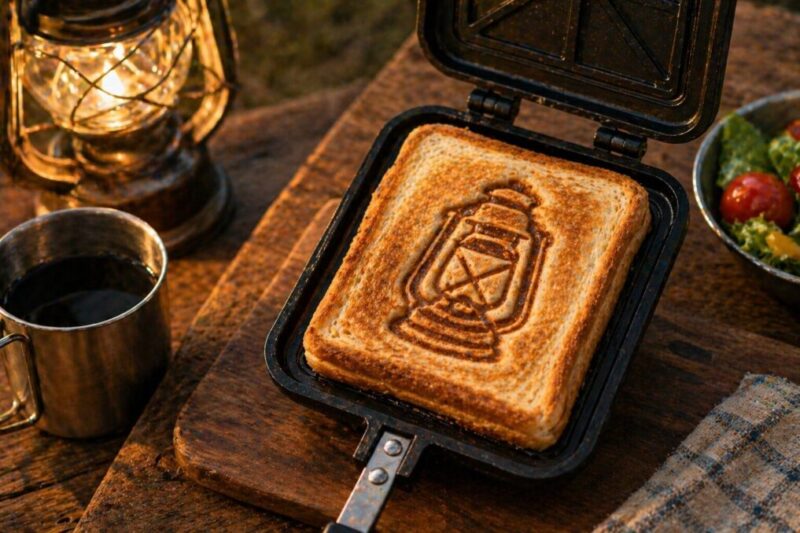 ランタン風の焼き目が入ったホットサンドを楽しむキャンプ朝食のイメージ