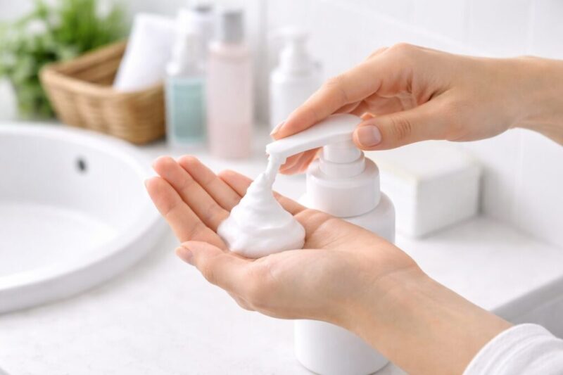 洗面台でクレンジング剤を手に取っている様子