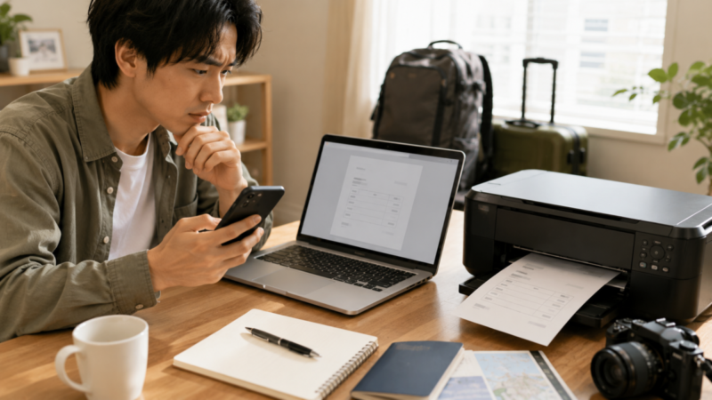スマホとPCで領収書を確認しながらプリンターで印刷する様子