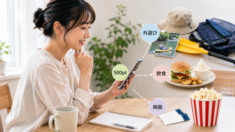 500ポイントを外遊びや飲食、映画に活用する使い道のイメージ