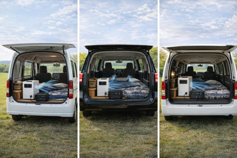 車種ごとに異なる車中泊クーラーの選び方を示した比較イメージ