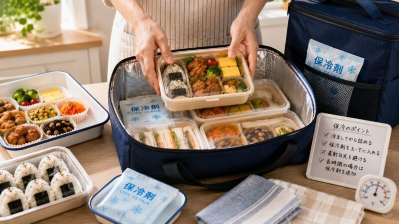 保冷剤を入れた保冷バッグに、使い捨て弁当容器を平らに重ねて入れ、ピクニック前の持ち運び準備をしている様子。