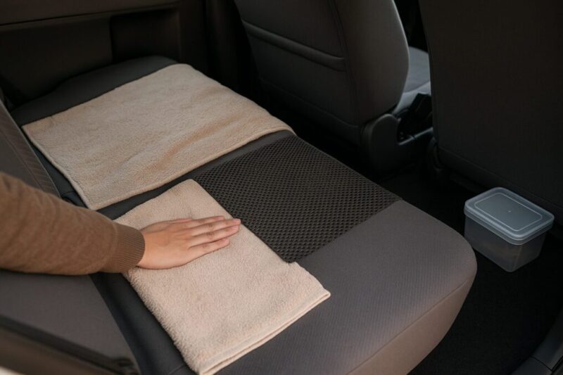 タオルと滑り止めでシート段差を埋めて寝床を整えるイメージ