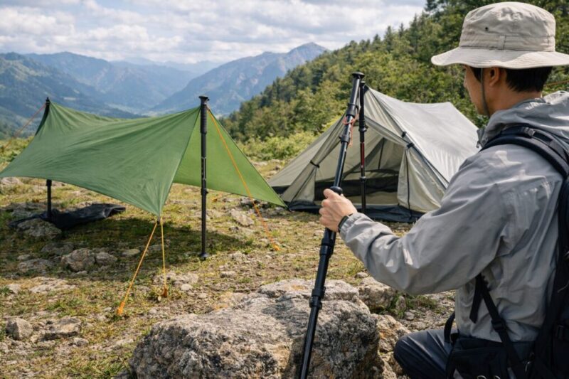 トレッキングポールでタープを支え、ガイラインで張り綱を整えている設営の様子