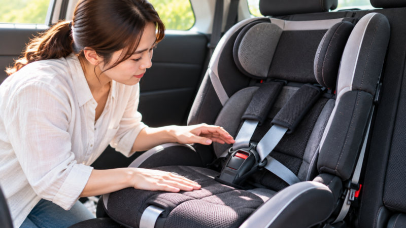夏の車内でチャイルドシートの座面とベルトのバックル周辺を確認する女性