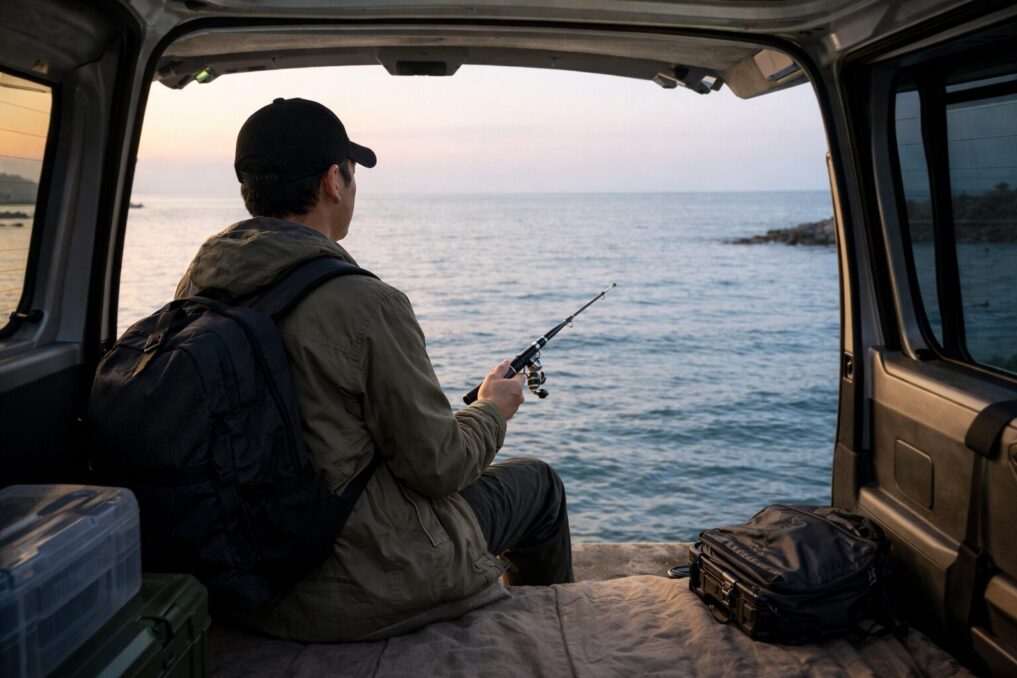 車中泊仕様の車の後部ハッチを開けた空間から海を眺め、座ったままペン型の釣り竿で釣りを楽しむ様子