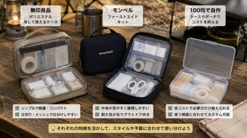 家庭用ケース、仕切り付き救急ポーチ、自作の透明ケースを並べた救急用品収納の比較イメージ
