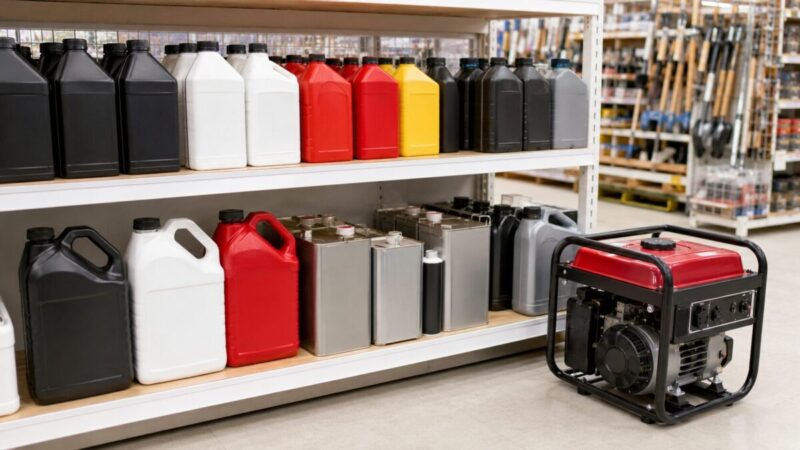 ホームセンターの棚に並ぶ発電機用エンジンオイルと小型ガソリン発電機の比較イメージ