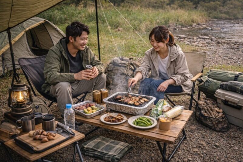 河原など風のある場所で、周囲に配慮しながら少量を焼いて使い分けている様子