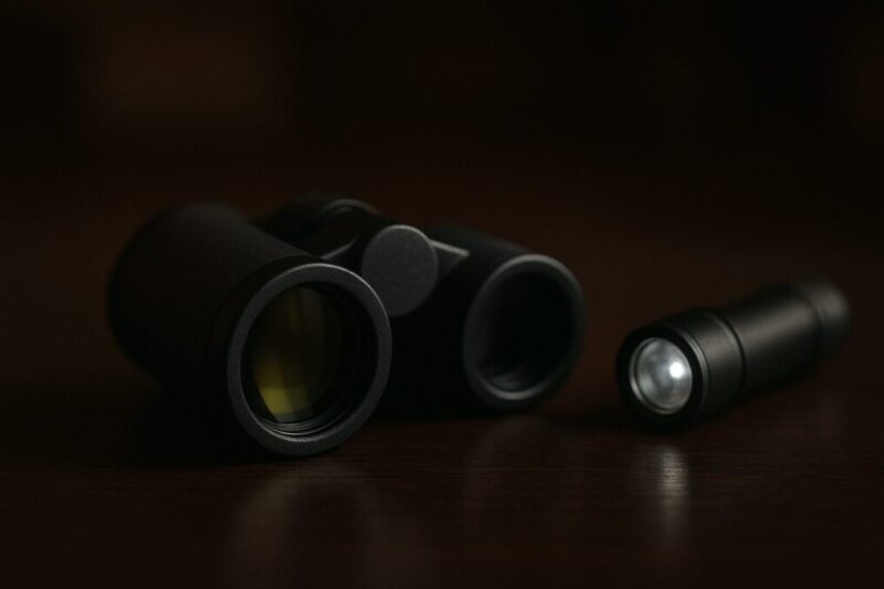暗い室内で双眼鏡のレンズ面が光を反射して見えるように寄って撮影し、暗所では明るく見えるかどうかが重要になることを伝えるイメージ