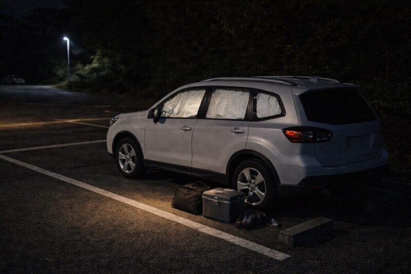 車内を外から見えにくくして落ち着いて就寝準備をする様子