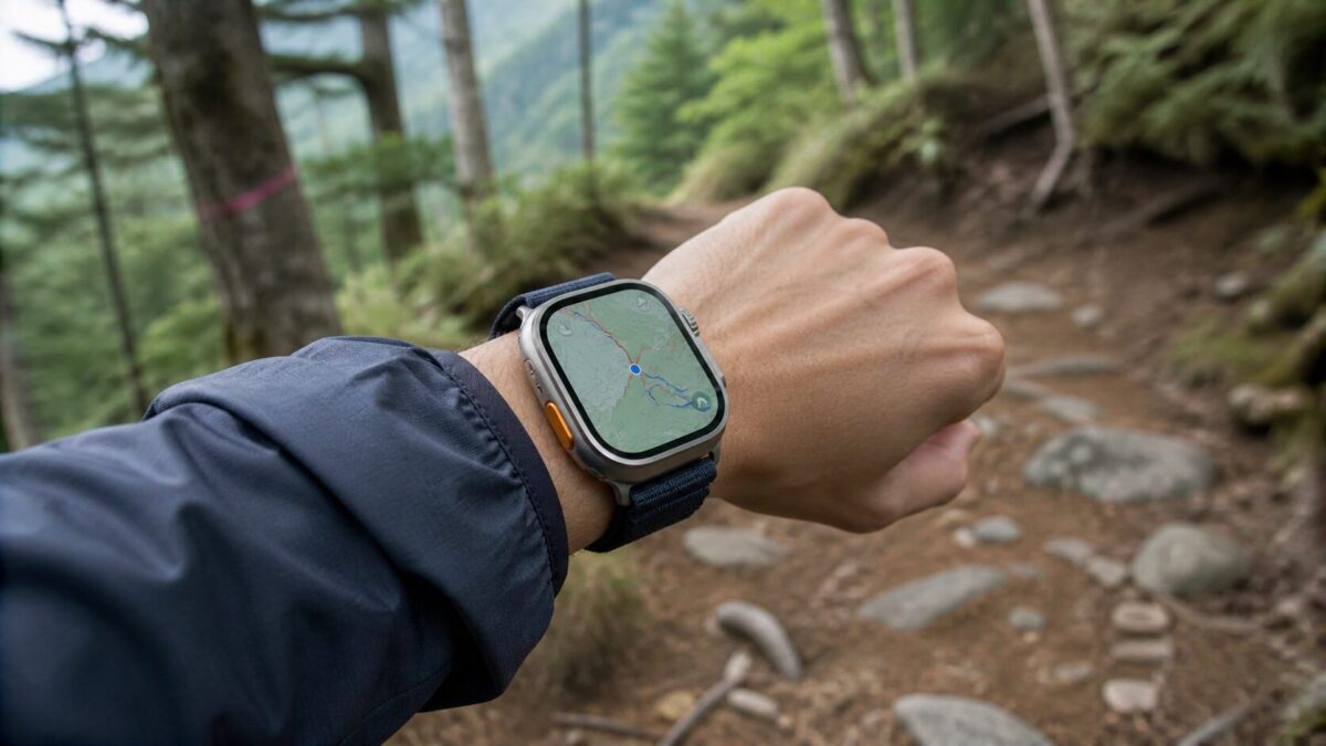 登山道でスマートウォッチの地図を確認する手元