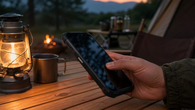 キャンプ場でタフネススマホのロック解除を確認するイメージ