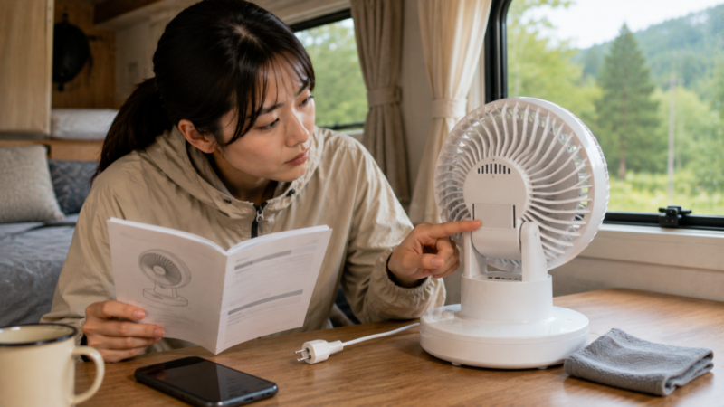 電源を抜いたサーキュレーターを取扱説明書で確認する様子