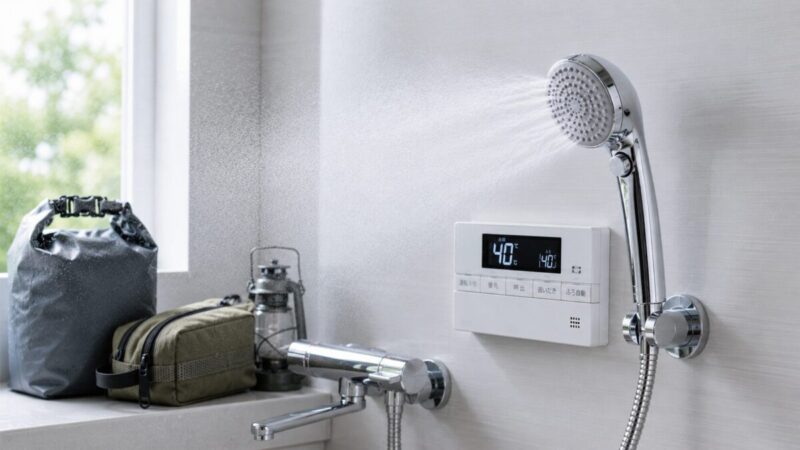 シャワーヘッドのミスト使用時に温度が下がるように感じる原因を、給湯リモコンや水栓まわりから確認する浴室の画像。