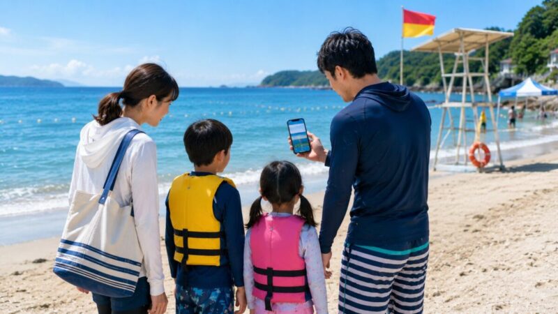 お盆期間の遊泳情報と赤旗を確認して入水を判断する家族