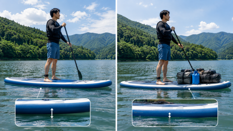SUPの荷物が増えたときのボードの沈み込みを水面との距離で比較