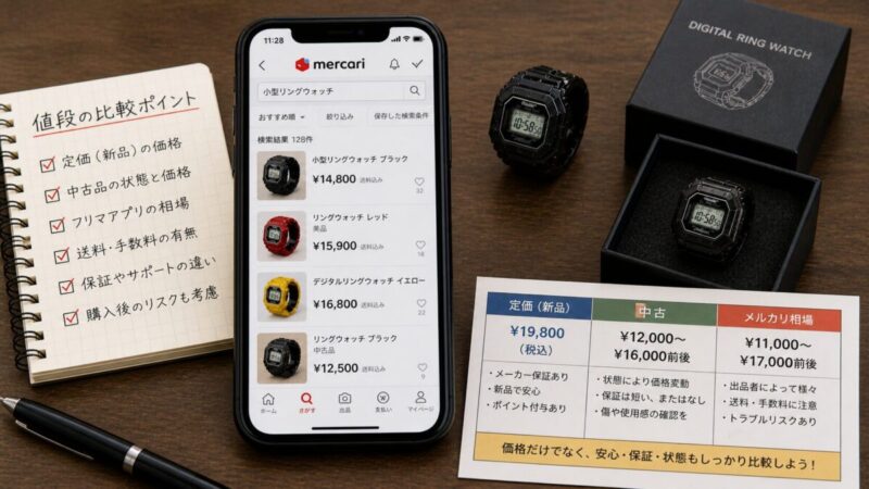 定価とフリマ相場を比較しながら指輪サイズのデジタル時計を検討するイメージ
