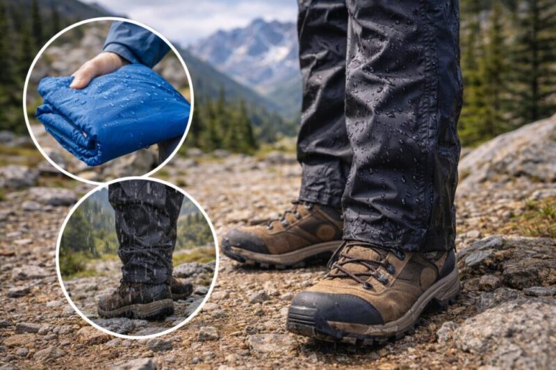 山道で防水パンツを着用し、雨対策の装備を準備している足元のイメージ