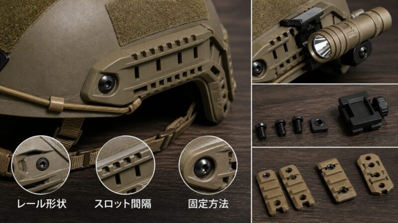 タクティカルヘルメットのサイドレールとアクセサリーマウントを確認する画像。