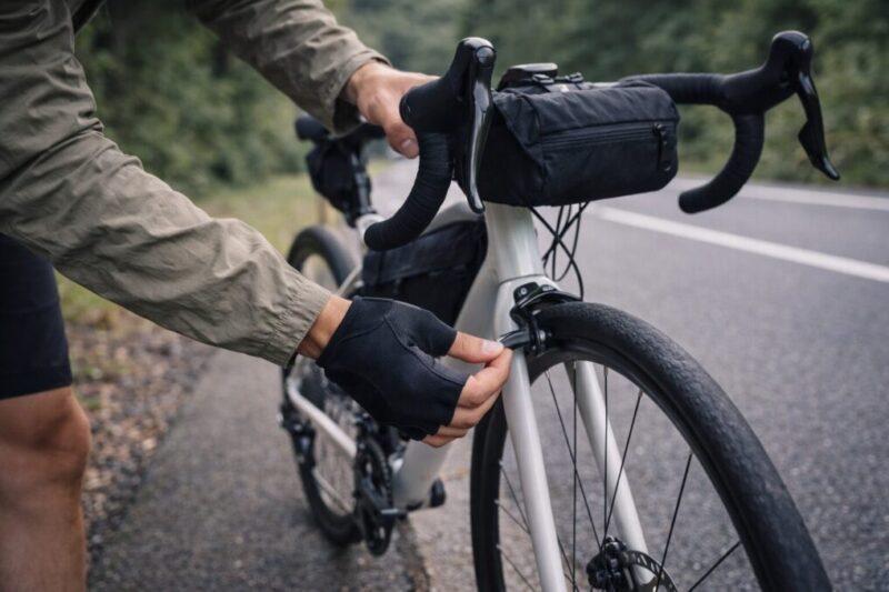 ロードバイクで自転車キャンプをする前に軽量装備で足回りを点検するイメージ