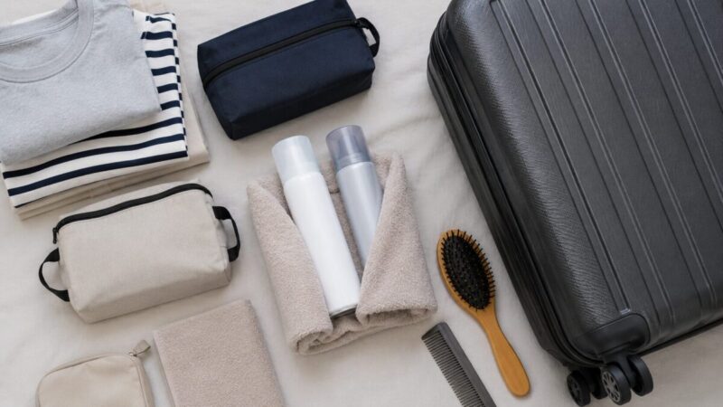 制汗スプレーと整髪スプレーをタオルで保護して預け荷物を準備する様子