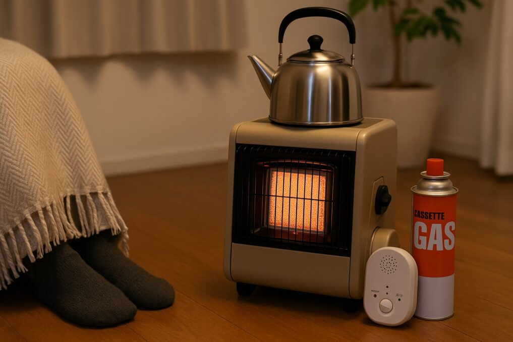 カセットガスストーブで足元を暖めつつヤカンで湯を沸かし、警報器もそばに置いた冬のリビングの様子
