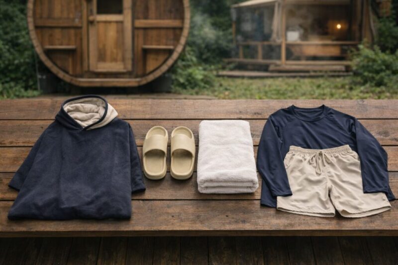 グランピングサウナで必要な基本の服装と持ち物を並べたイメージ