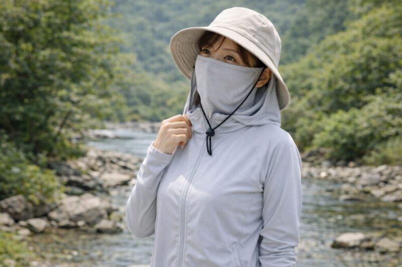 川辺で長袖と帽子を着用し、日差しから肌を守りながら過ごす様子