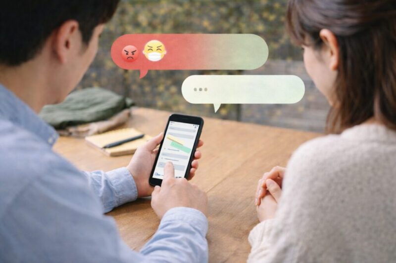 花粉症に関するやり取りを見ながら、落ち着いて状況を確認しようとしている二人のイメージ