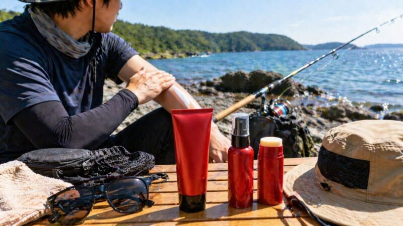 水辺の釣り場で腕に日焼け止めを塗り、釣り道具とUV対策用品を準備する様子