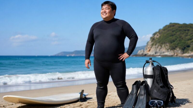 大きいサイズのウェットスーツを着てサーフィンやダイビングを楽しむ男性